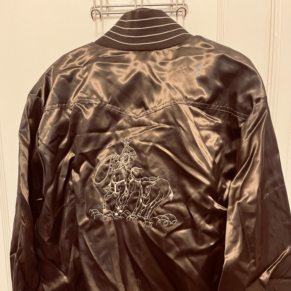 Vintage 70s Men's Western Brown Satin Bomber Jacket Embroidered Cowboy Size XL